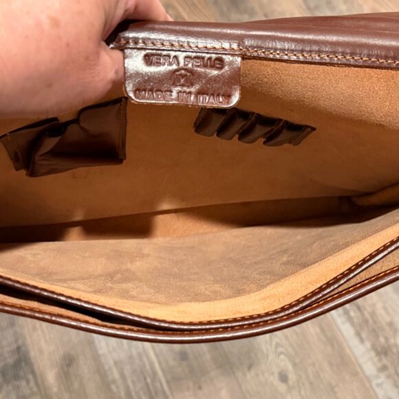 Vera Pelle Brown Italian Leather Briefcase Laptop Messenger Book Bag - Picture 8 of 11